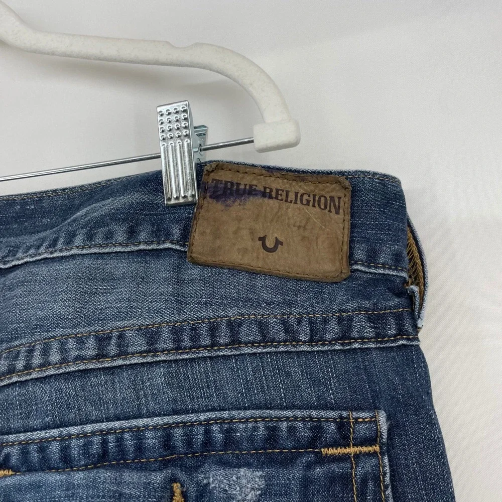 True Religion Mens Size 38x34 Ricky Relaxed‎ Straight Jeans Dark Wash Distressed